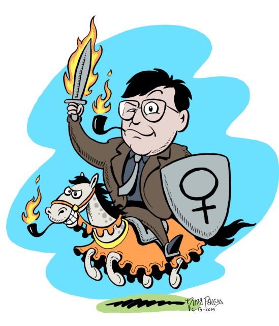 Graham Linehan's avatar dipicting him on a horse with a flaming sword and a shield with the female gender symbol on it.